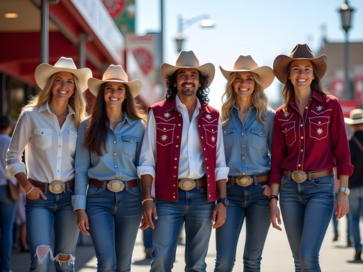 Visitors in western attire enjoying the Calgary Stampede