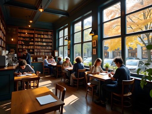 Atmospheric café in Cambridge with writers working at tables near windows