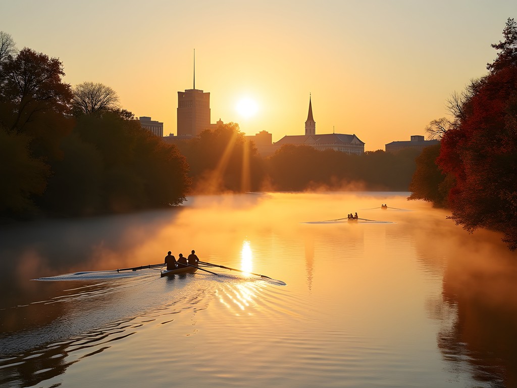 Misty sunrise over Charles River with Cambridge skyline and fall foliage