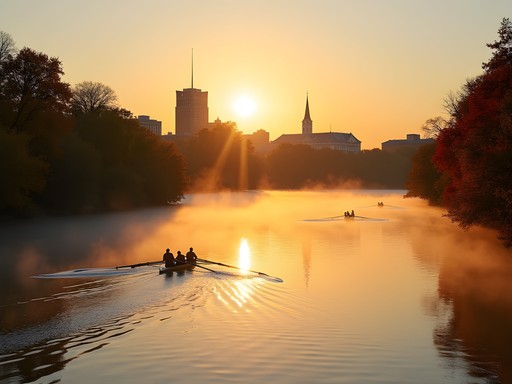 Misty sunrise over Charles River with Cambridge skyline and fall foliage