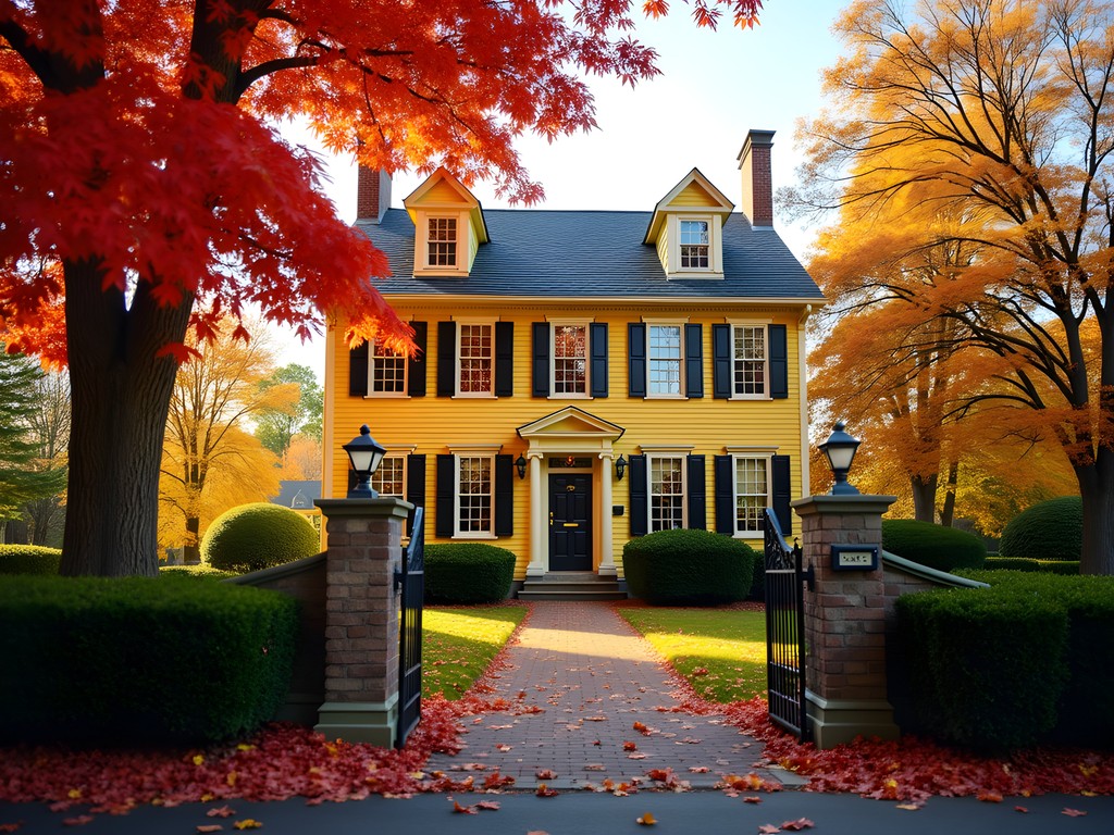 Historic Longfellow House surrounded by autumn foliage in Cambridge
