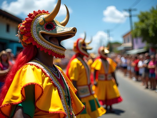 Colorful vejigante masks and costumes at Festival de Santiago Apóstol in Carolina