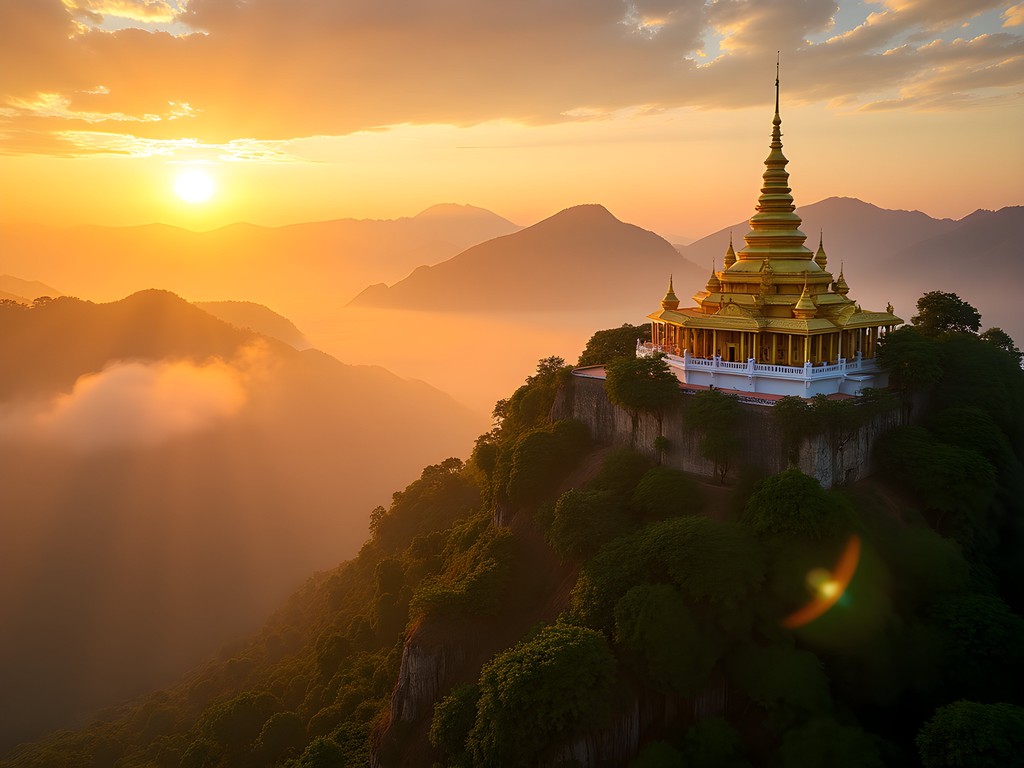 Golden chedi of Doi Suthep temple shimmering in morning light with mist covering Chiang Mai valley below