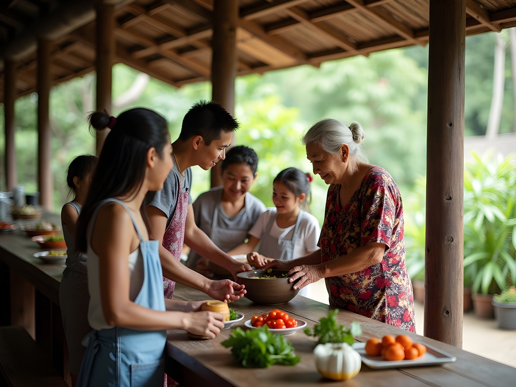 Family learning to make Thai curry paste with elderly Thai teacher in outdoor kitchen