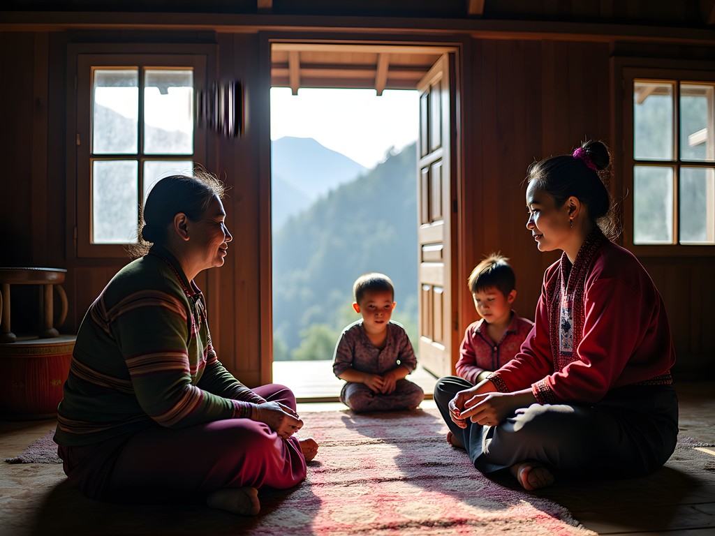 Family participating in traditional Hmong textile making with village elder in mountain village near Chiang Mai