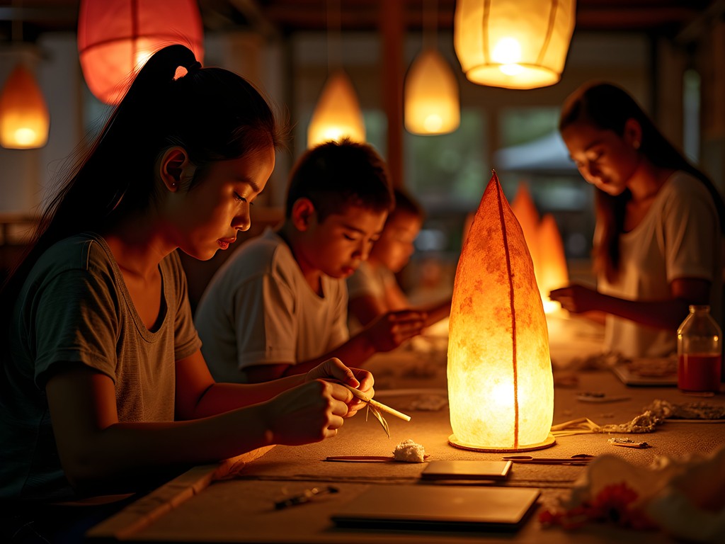 Family creating traditional paper lanterns with Thai craftsperson in Chiang Mai workshop