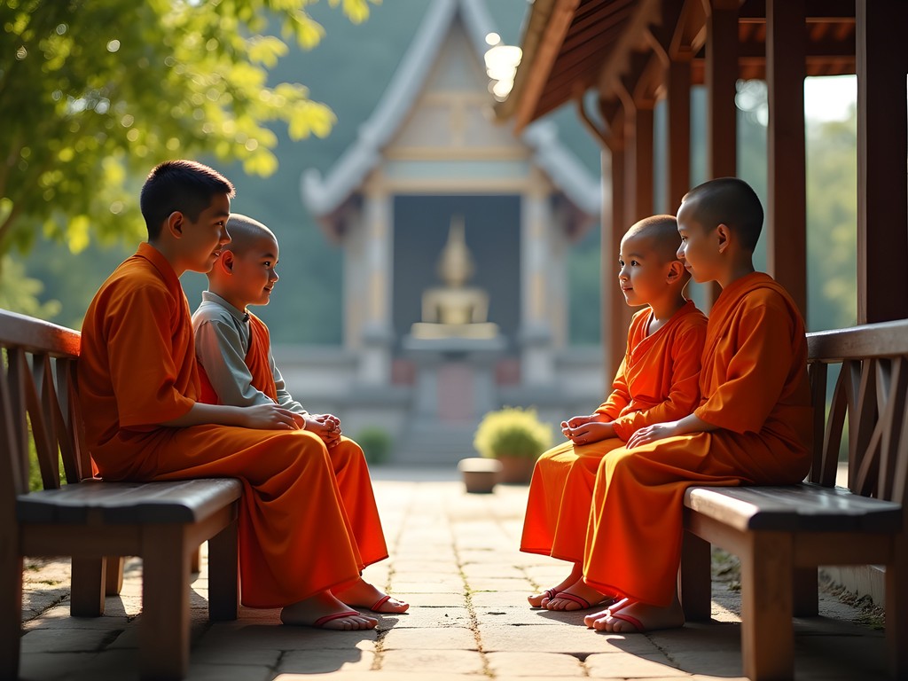 Family participating in Monk Chat program at Wat Chedi Luang in Chiang Mai