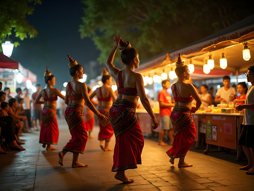 Family watching traditional northern Thai dance performance at Sunday Walking Street market in Chiang Mai