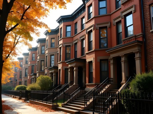 Historic brownstone buildings in Chicago's Bronzeville neighborhood with fall foliage
