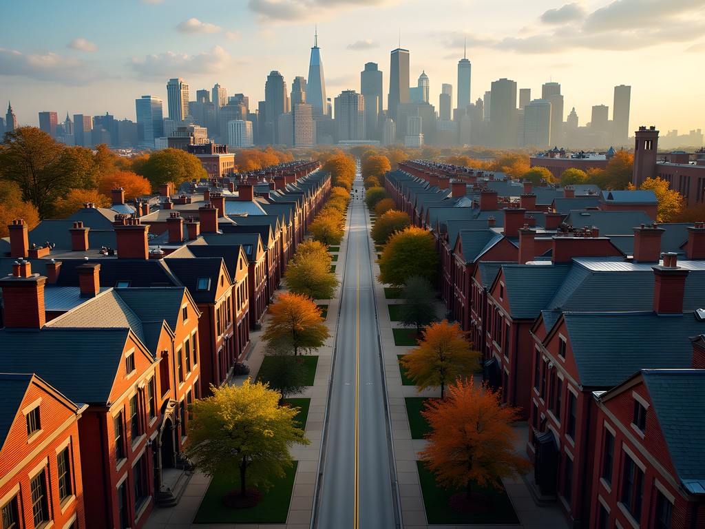 Historic red brick buildings in Chicago's Pullman district with fall foliage