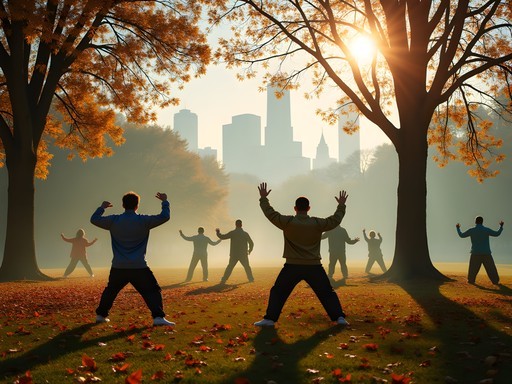 Morning tai chi practice in Chicago's Ping Tom Memorial Park with city skyline in background