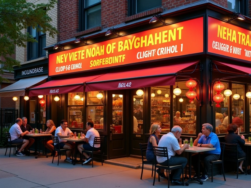 Vietnamese restaurants with colorful signs and outdoor seating on Argyle Street in Chicago