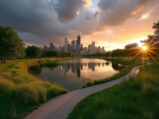 Palmisano Park in Bridgeport neighborhood with Chicago skyline view