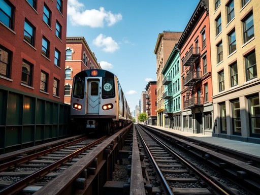 Chicago L train passing through diverse neighborhood with colorful buildings