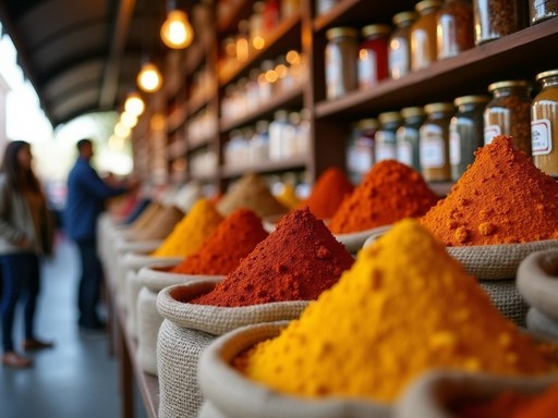 Colorful spice displays at South Asian market on Devon Avenue in Chicago