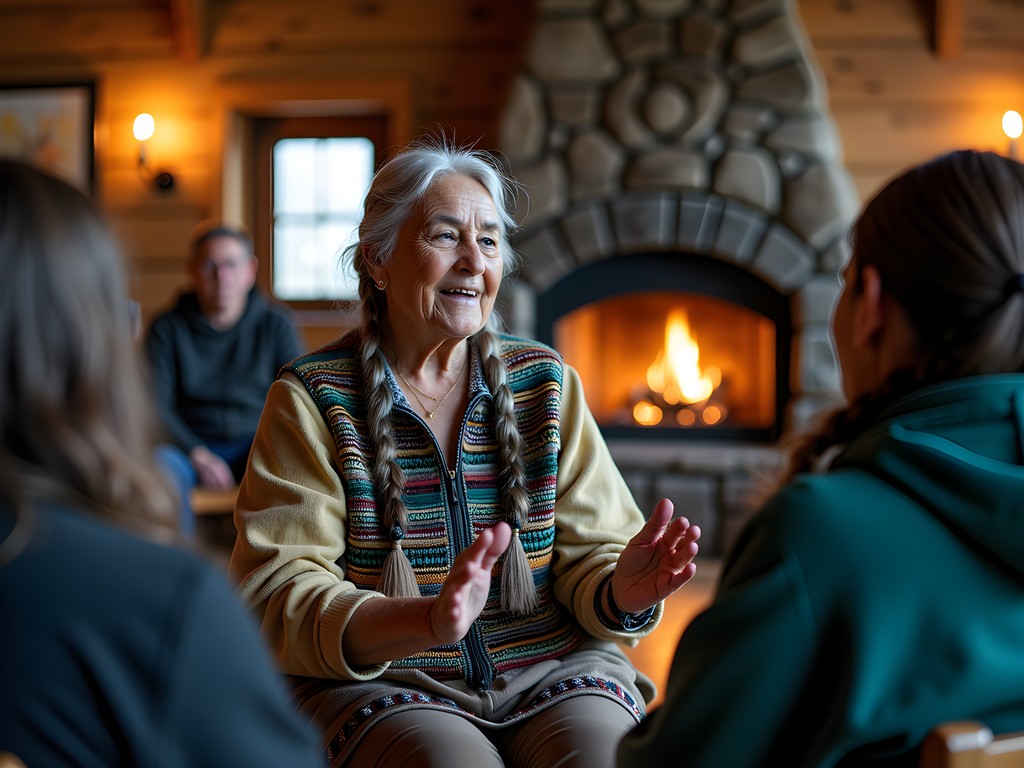 Indigenous elder sharing traditional stories by firelight in Churchill community center