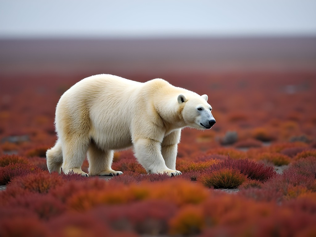 Polar bear walking across tundra viewed from a safe and respectful distance