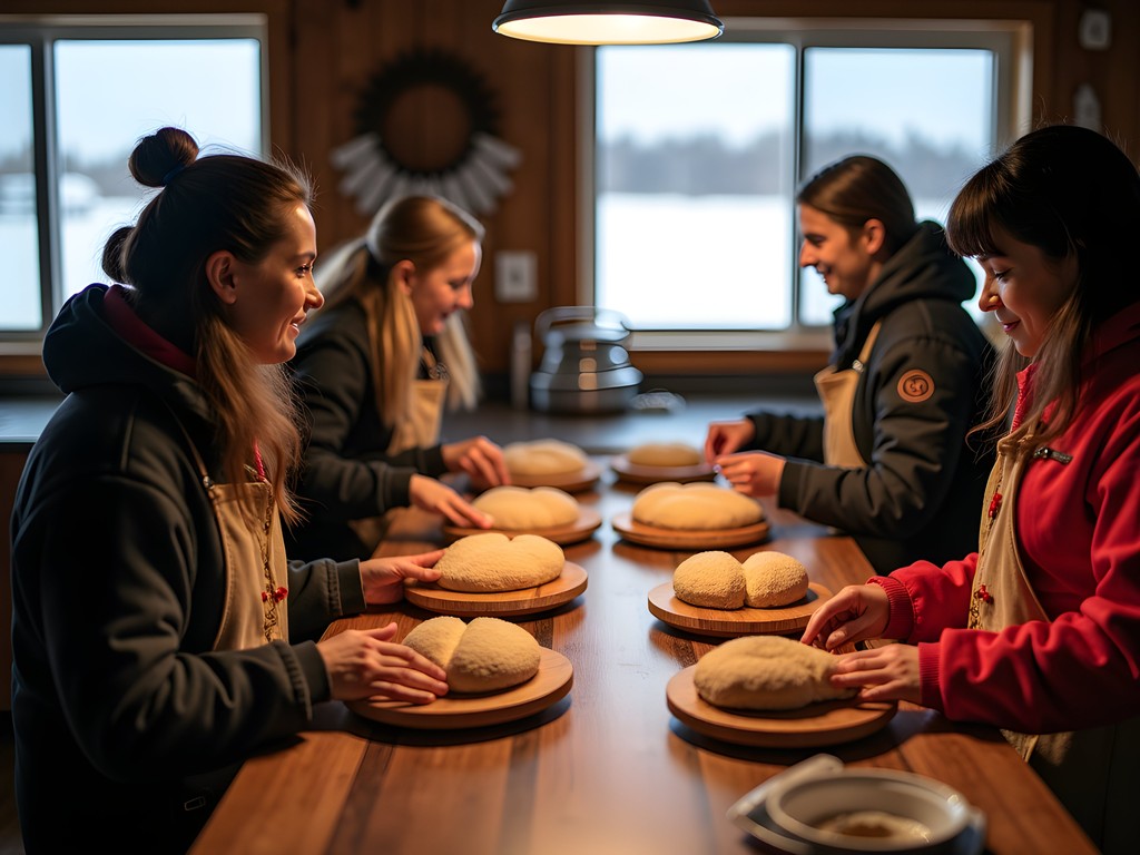 Traditional Indigenous meal being shared with tourists in Churchill community kitchen