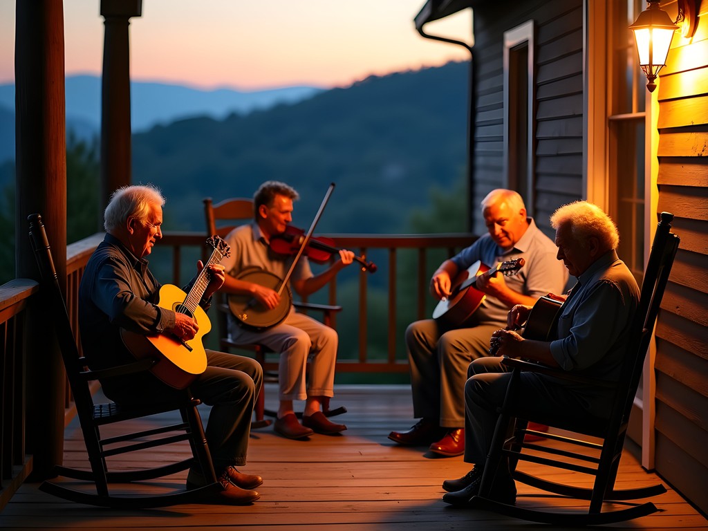 Traditional Appalachian porch music session with multi-generational musicians in Clarksburg