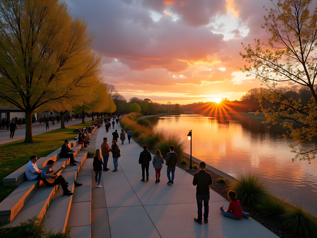 Cumberland RiverWalk at sunset with local musicians performing and art installations visible
