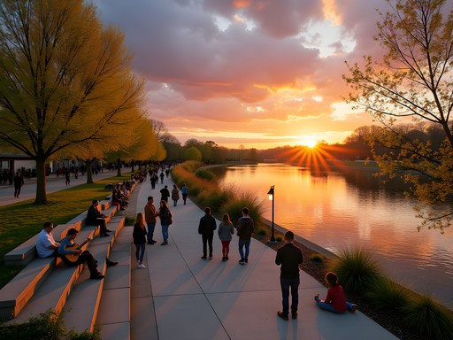 Cumberland RiverWalk at sunset with local musicians performing and art installations visible