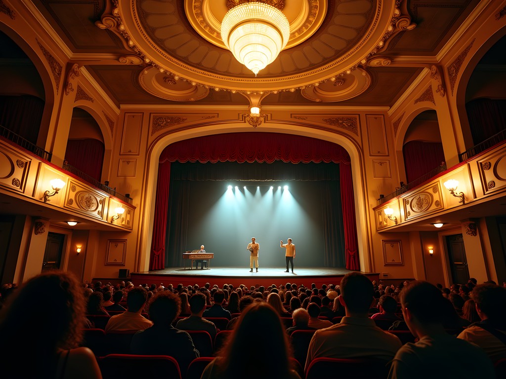 Interior of the Roxy Regional Theatre during a performance showing art deco details