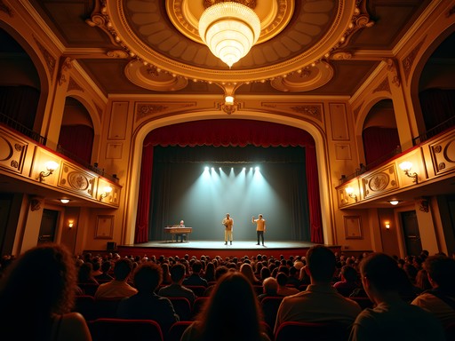 Interior of the Roxy Regional Theatre during a performance showing art deco details