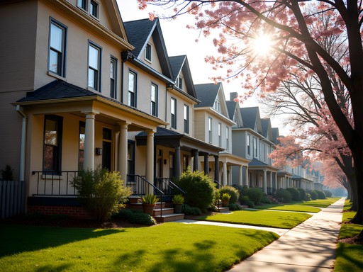 Historic homes in Lakeland community College Park Maryland with spring blossoms