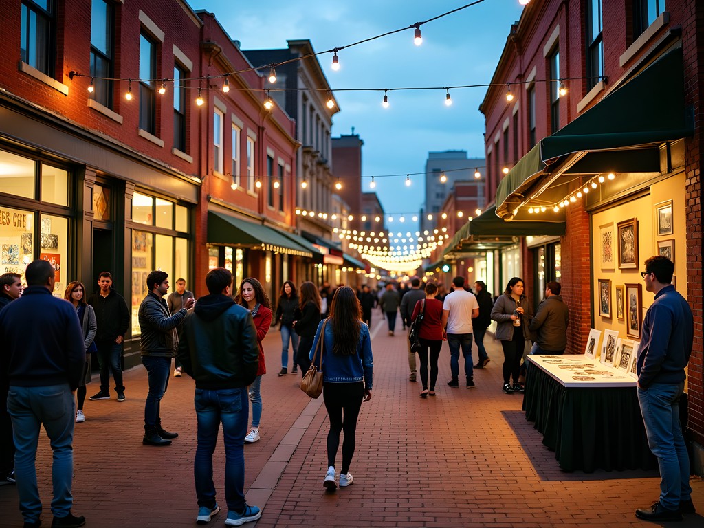 Evening scene of Columbia's North Village Arts District with galleries lit up and people browsing art