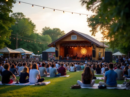 Outdoor concert at Rose Music Hall in Columbia Missouri with students enjoying live music