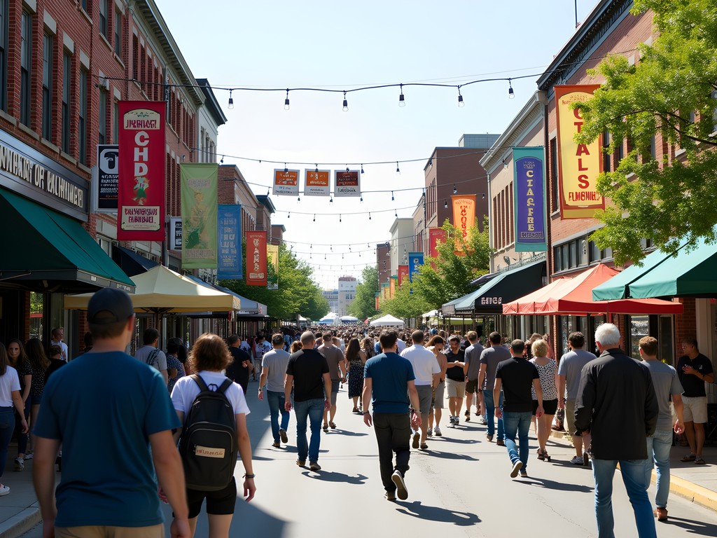True/False Film Festival street scene in downtown Columbia Missouri with art installations and festival attendees