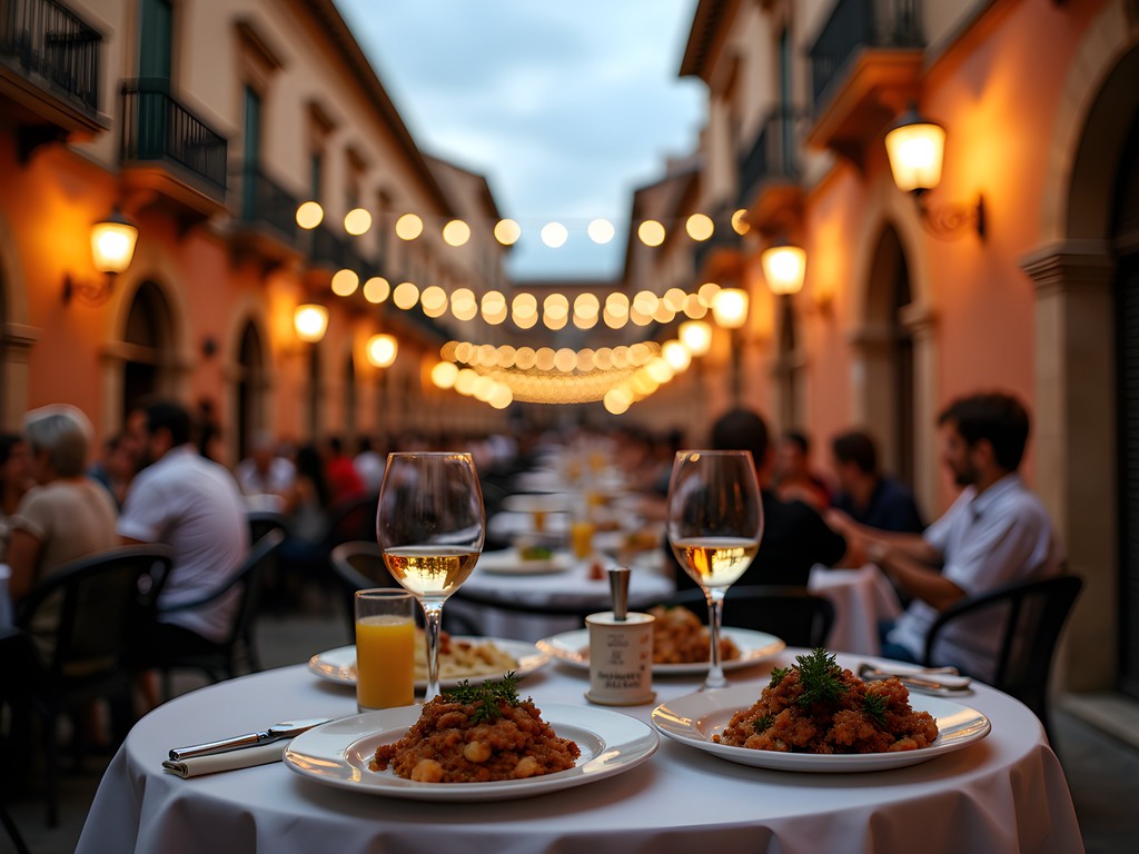 Evening tapas scene in Cordoba with locals enjoying food at outdoor tables