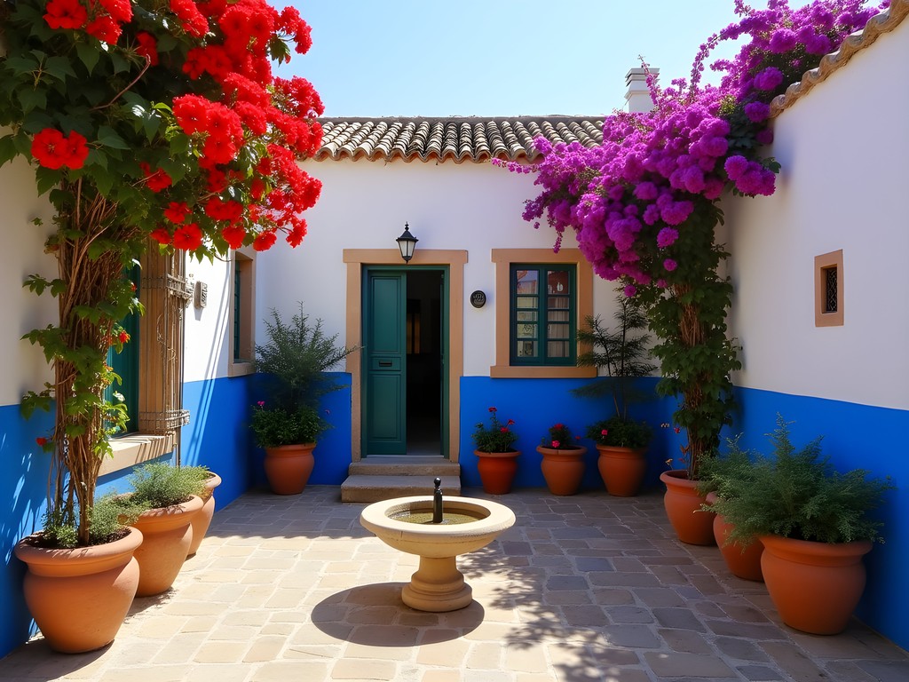 Traditional Cordoban patio with white walls covered in colorful potted flowers
