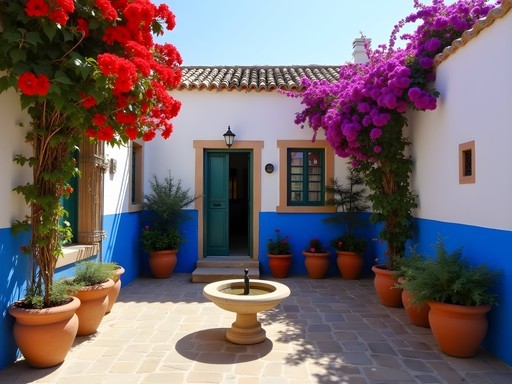 Traditional Cordoban patio with white walls covered in colorful potted flowers