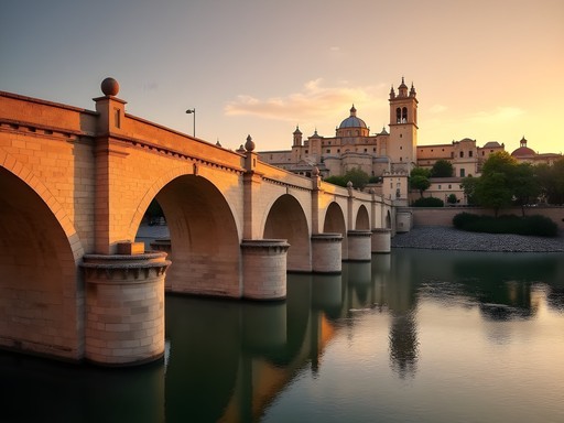Sunset view of Cordoba's Roman Bridge with the Mezquita-Cathedral illuminated in the background