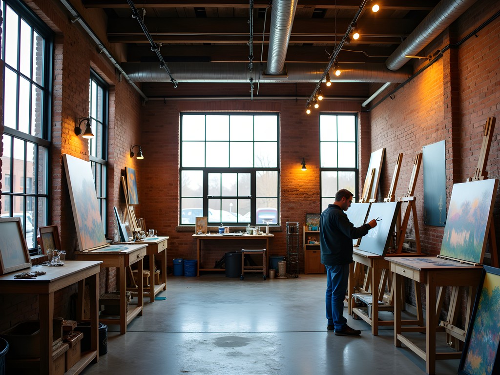 Artist working in converted warehouse studio space at The Hannaford in Covington Kentucky