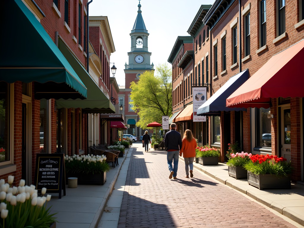 Historic MainStrasse Village in Covington Kentucky with colorful storefronts and spring flowers