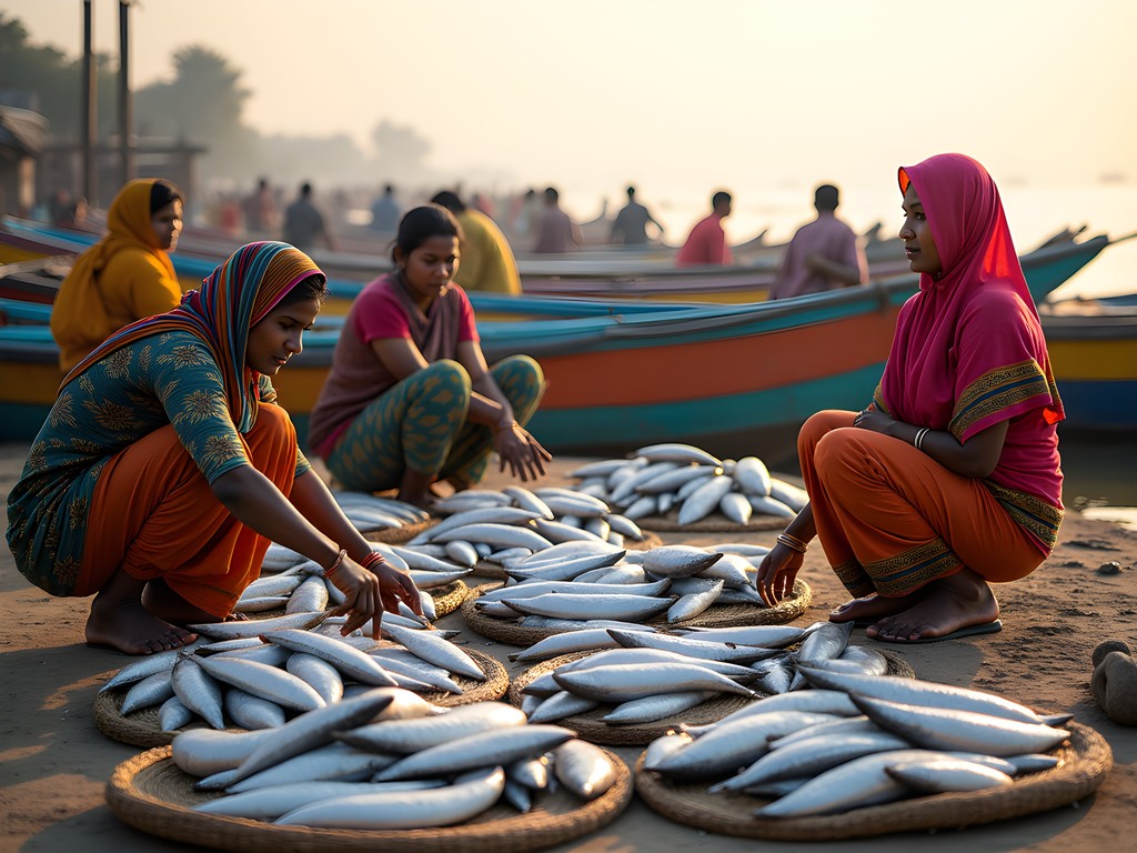 Women sorting fresh fish at Cox's Bazar morning market