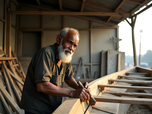 Traditional boat builder crafting wooden fishing vessel in Moheshkhali
