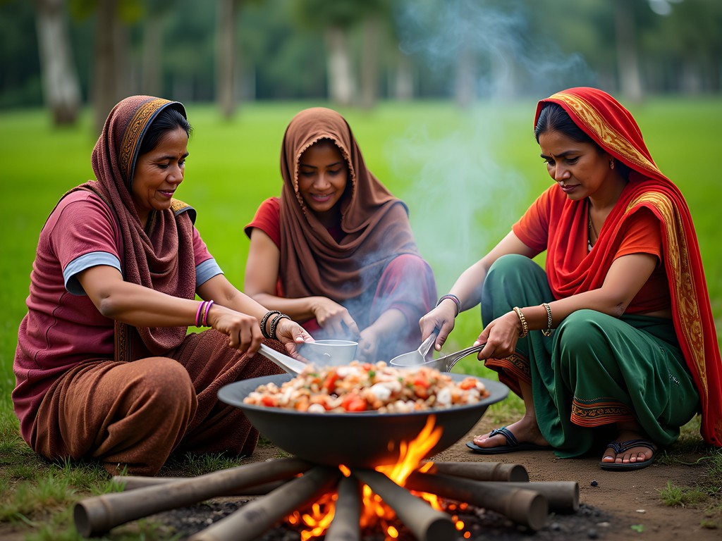 Rakhine women demonstrating traditional cooking techniques in Cox's Bazar