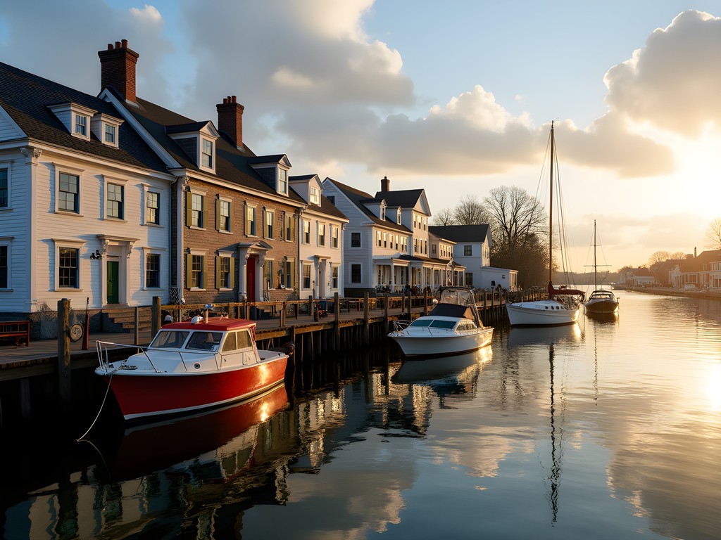 Historic waterfront buildings of Pawtuxet Village with small boats moored in the harbor
