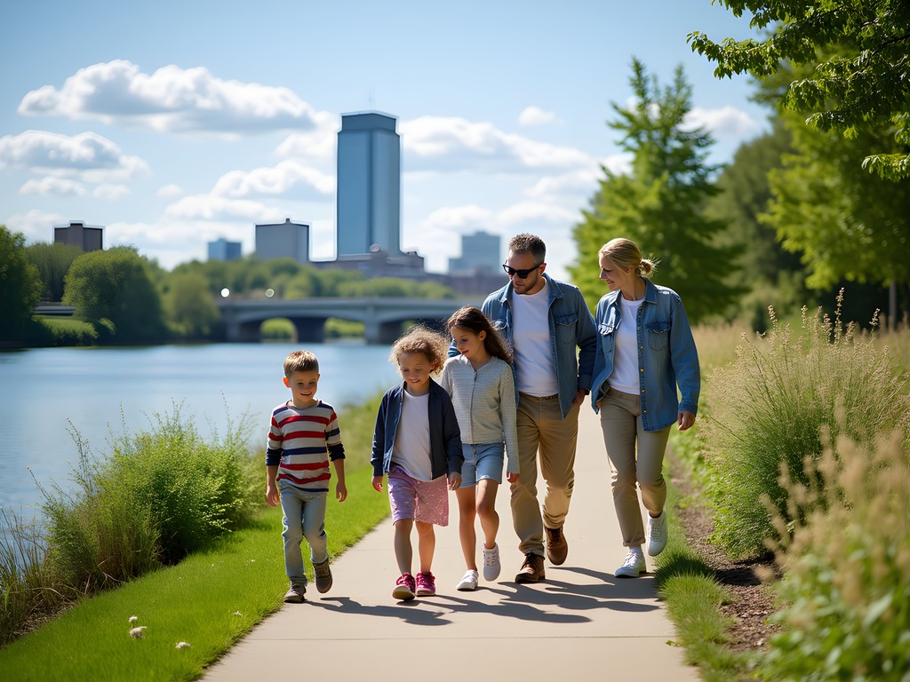 Family exploring RiverScape MetroPark along the Great Miami River in downtown Dayton