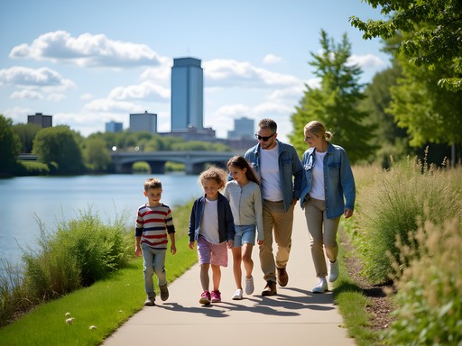 Family exploring RiverScape MetroPark along the Great Miami River in downtown Dayton