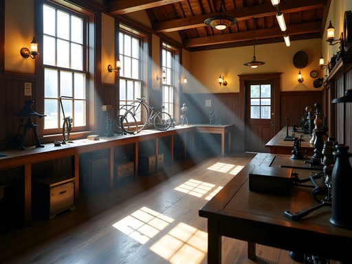 Restored Wright Brothers bicycle workshop with original tools and equipment