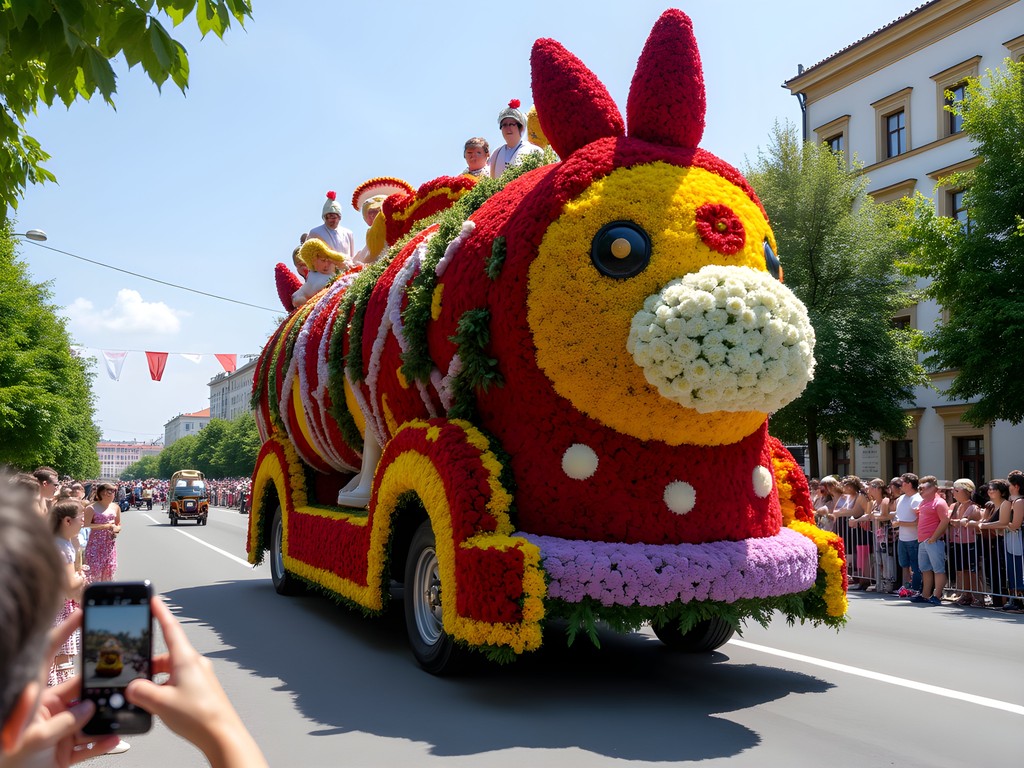 Elaborate flower float during Debrecen's annual Flower Carnival parade