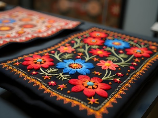 Colorful traditional Hungarian embroidery display at Déri Museum in Debrecen