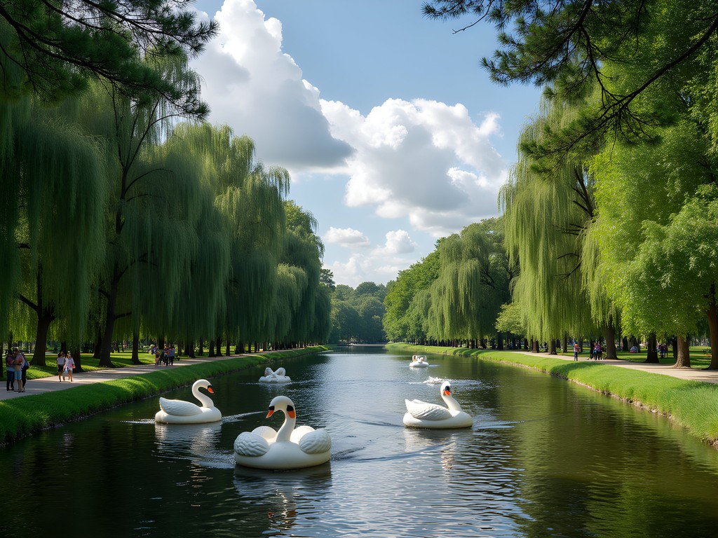 Serene lake with paddle boats in Great Forest Park, Debrecen