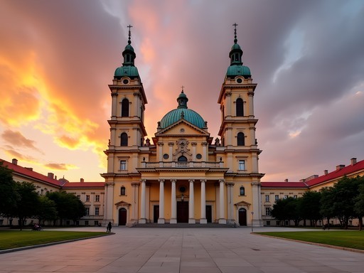 Reformed Great Church in Debrecen with twin towers illuminated by sunset light