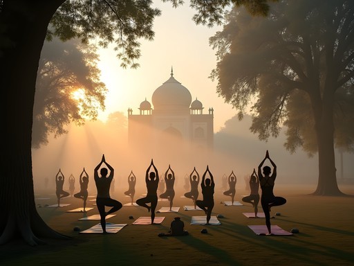 Morning yoga practice in the misty Lodhi Gardens with ancient tombs in background