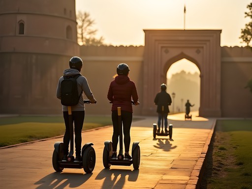 Couple exploring Purana Qila (Old Fort) on segways during early morning in Delhi